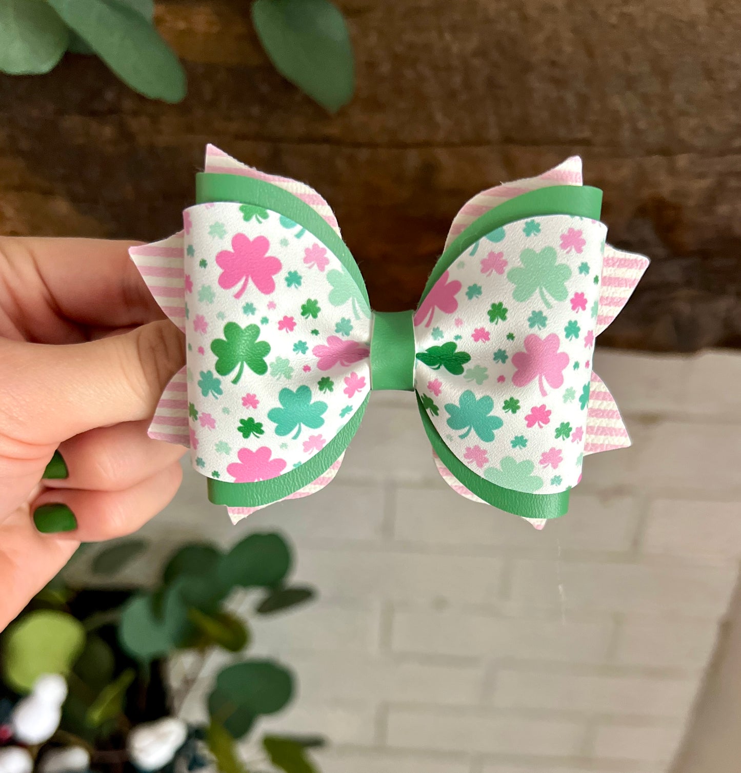 Rachel - 4" - Pink and Green Clover with Pink Stripe